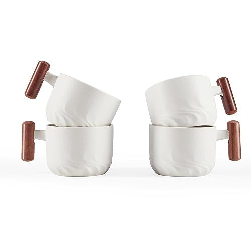 6oz Ceramic Espresso Cups with Wooden Handle Small Coffee Cups
