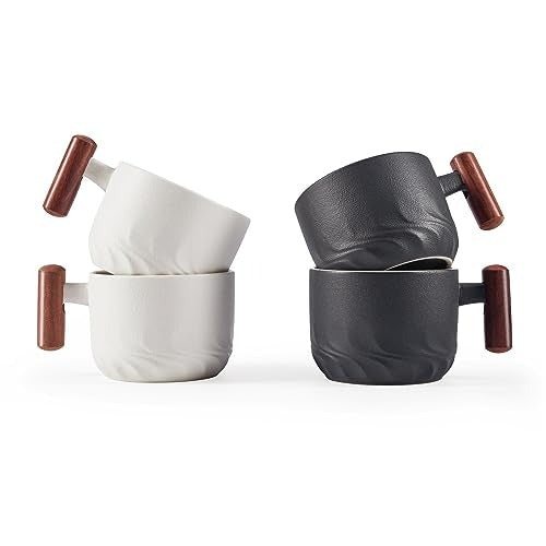 6oz Ceramic Espresso Cups with Wooden Handle Small Coffee Cups