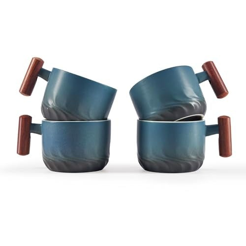 6oz Ceramic Espresso Cups with Wooden Handle Small Coffee Cups