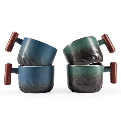 6oz Ceramic Espresso Cups with Wooden Handle Small Coffee Cups