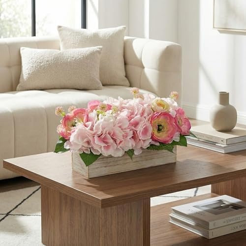 Hydrangea Artificial Flowers in Wooden Pot Floral Arrangement