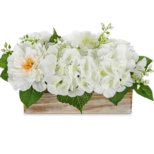 Hydrangea Artificial Flowers in Wooden Pot Floral Arrangement